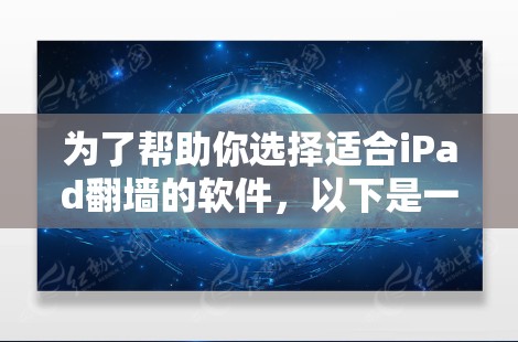 为了帮助你选择适合iPad翻墙的软件，以下是一些推荐的选项，涵盖了多种功能需求和预算